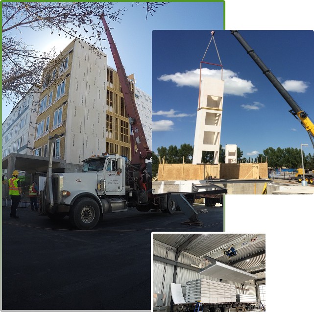 EcoTech projects — multi-story prefab build, TILT panel install, and shop production